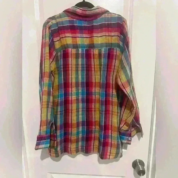 Size Medium Soft Surroundings Kona Shores Gauze Plaid Button Rainbow Blouse - Picture 3 of 4